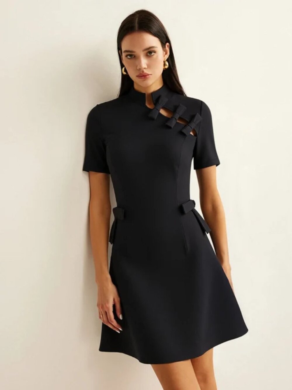 Commense Dress Mini Bow Cut Out Stand Collar Short Sleeve Black NWT Size Medium